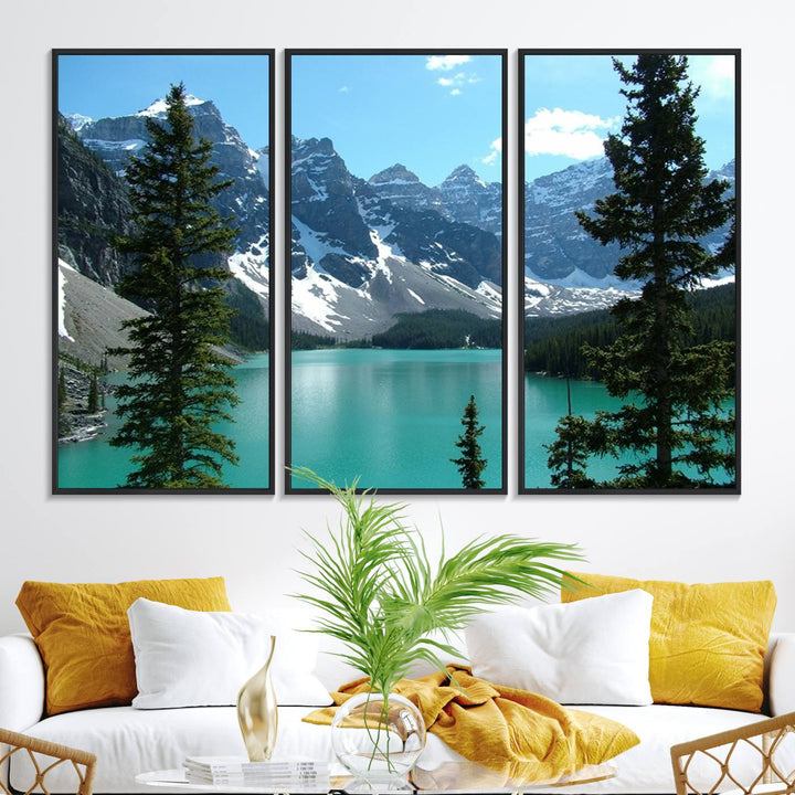 Canadian Rockies Moraine Lake Landscape Canvas Print showcasing a turquoise lake and mountain view.