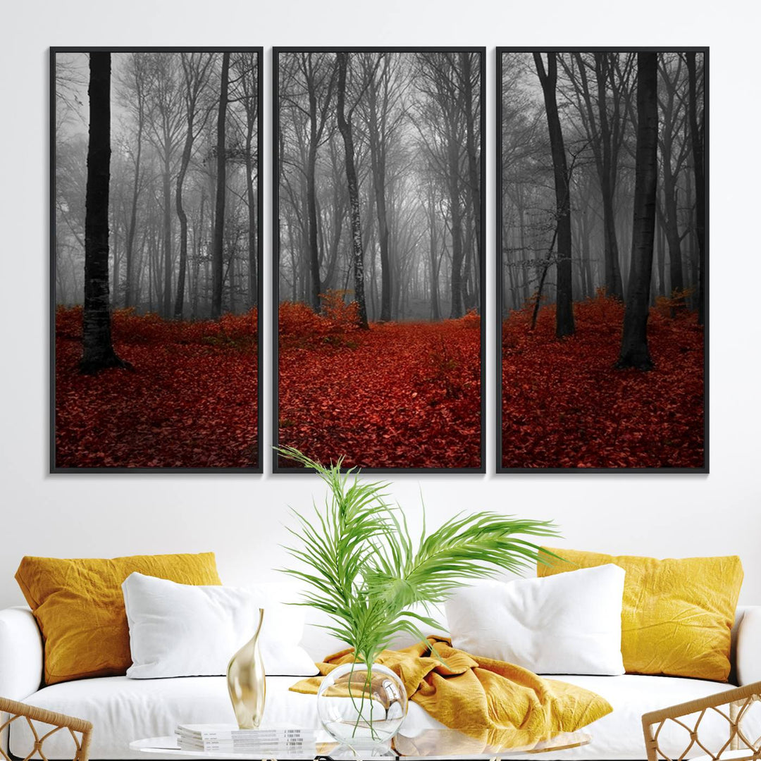 A large, museum-quality canvas print titled Wonderful Forest with Red Leaves.