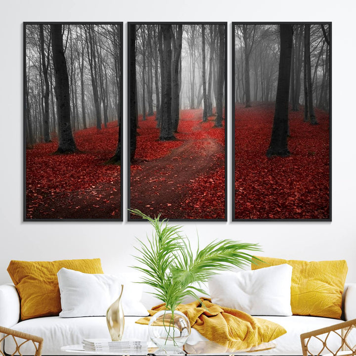 Wonderful Forest artwork: Triptych with red leaves, ideal for nature lovers.