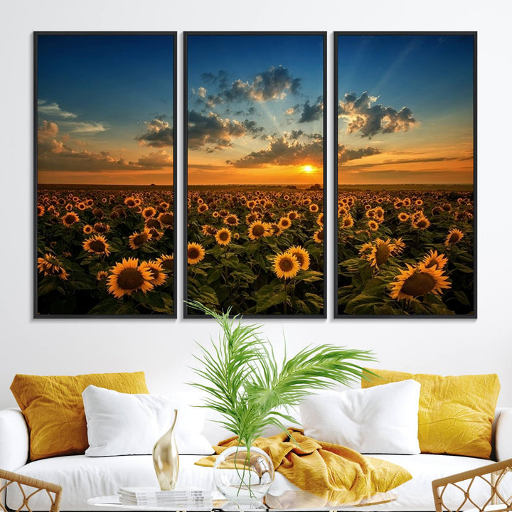 The dining area features the Sunflower Field Sunset Wall Art Canvas Print.