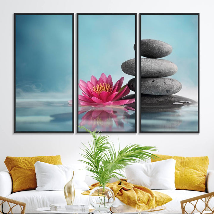 The dining room features a Zen Serenity Triptych wall art, showcasing a calming depiction of lotus flowers and balancing stones.