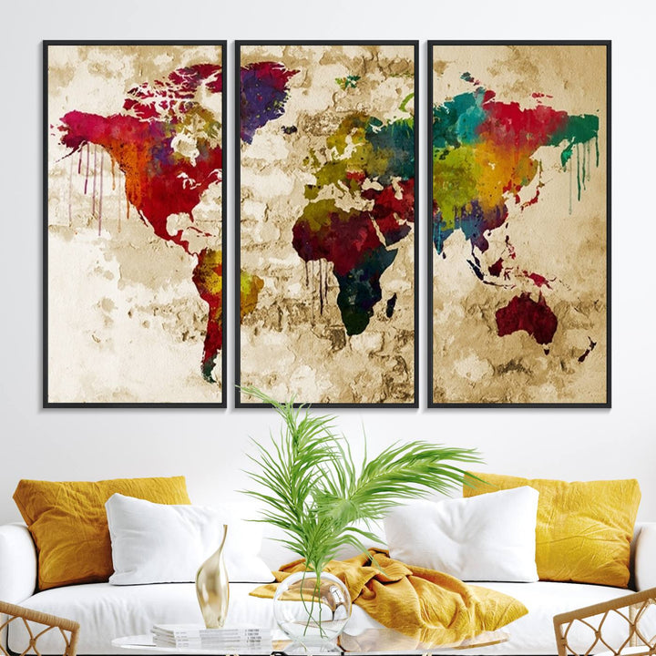 The Rainbow Colored Vintage World Map Canvas Print decorates the room.