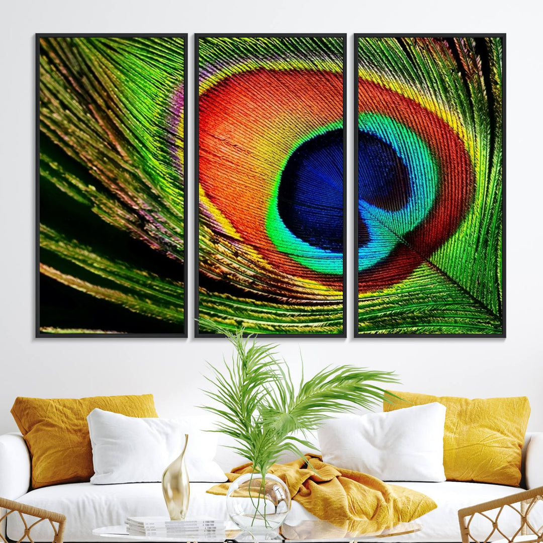 The Colorful Peacock Feather Wall Art Print graces the wall.