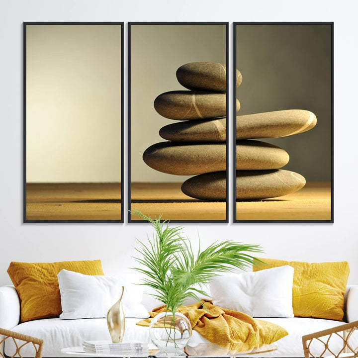 The Yellow Zen Stones on Yellow Background Wall Art is a striking feature in this minimalist kitchen.