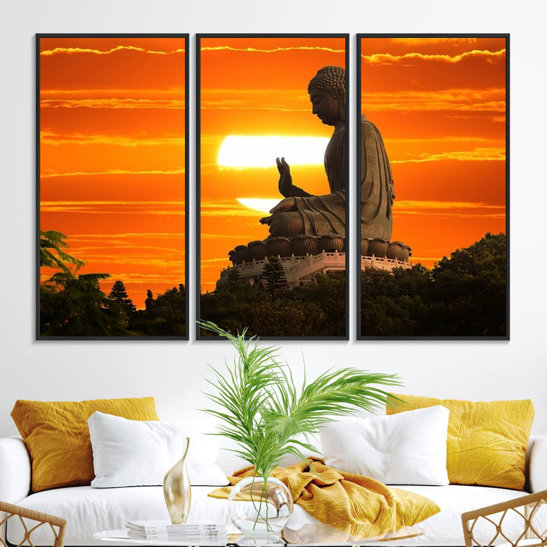 The Buddha Statue at Sunset canvas print adds serenity to the space.