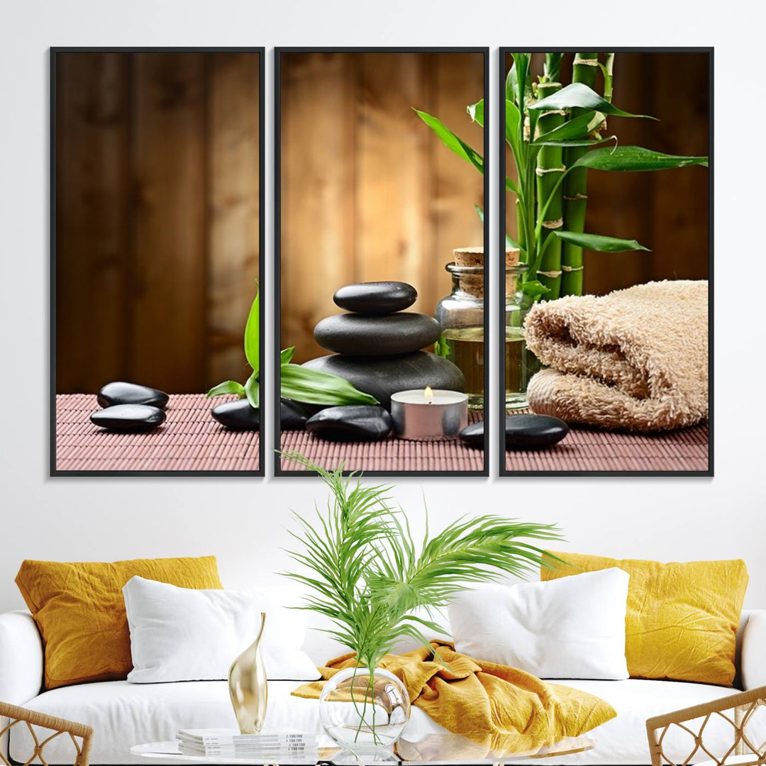 Zen Serenity Triptych Canvas Art: Pink Lotus Flower and Stones, Tranquil Water Lily Print, creating a peaceful spa ambiance.