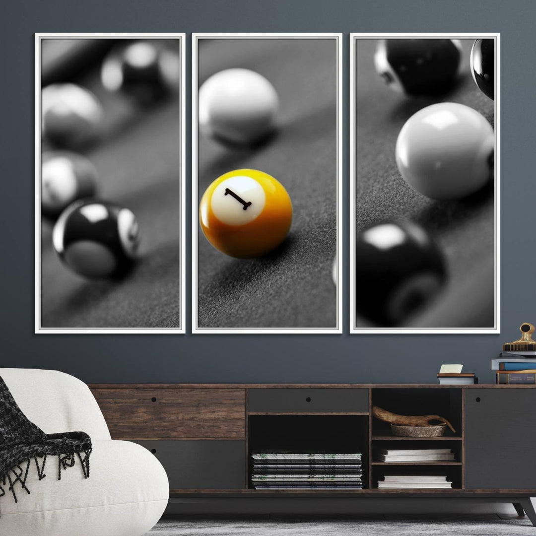 The Black and White Concept Billiard Balls Canvas Print elevates the space with museum-quality charm.