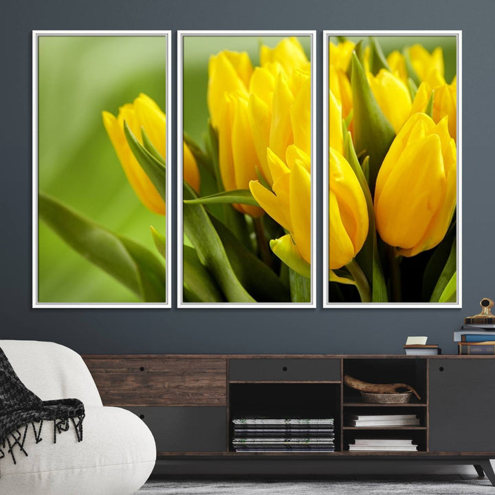 The Wall Art Yellow Tulips Canvas Print on a green background is featured.