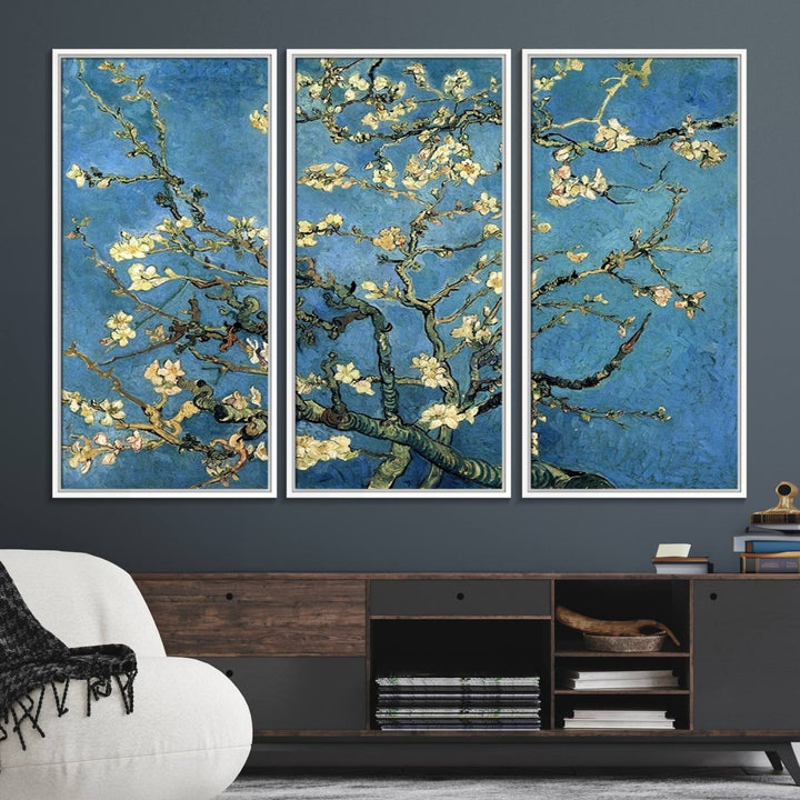 A Van Goghs Almond Blossom canvas print adds a touch of elegance to the wall.