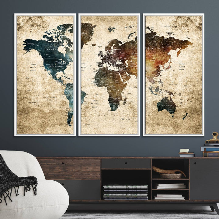 Vintage World Map Canvas Wall Art, perfect for antique-style decor, displayed against a light wood wall.