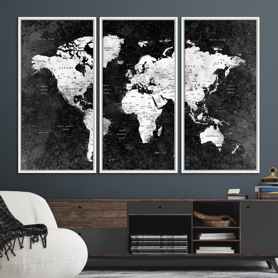 The dining room features a Modern Grayscale World Map 3-Panel Canvas Art as its focal point.