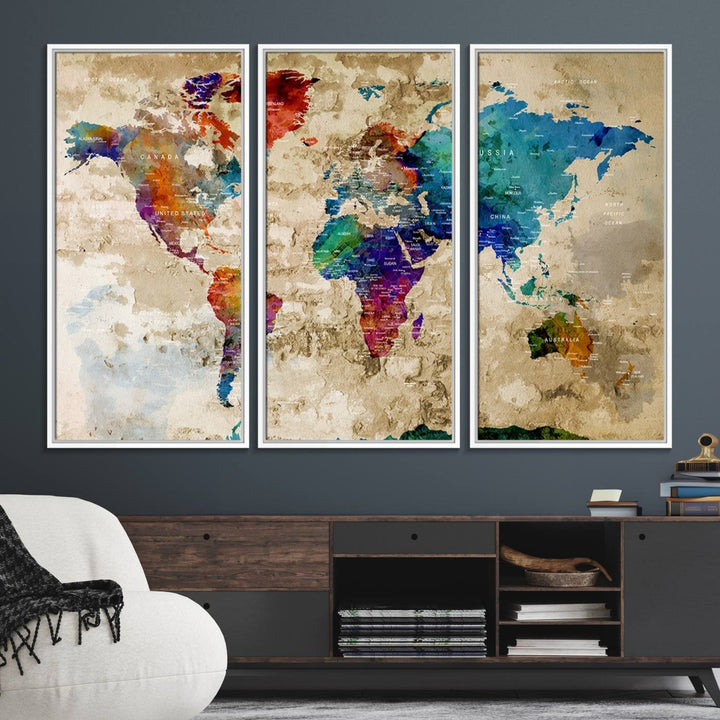 An Abstract Large Watercolor World Map Canvas Print hangs prominently.