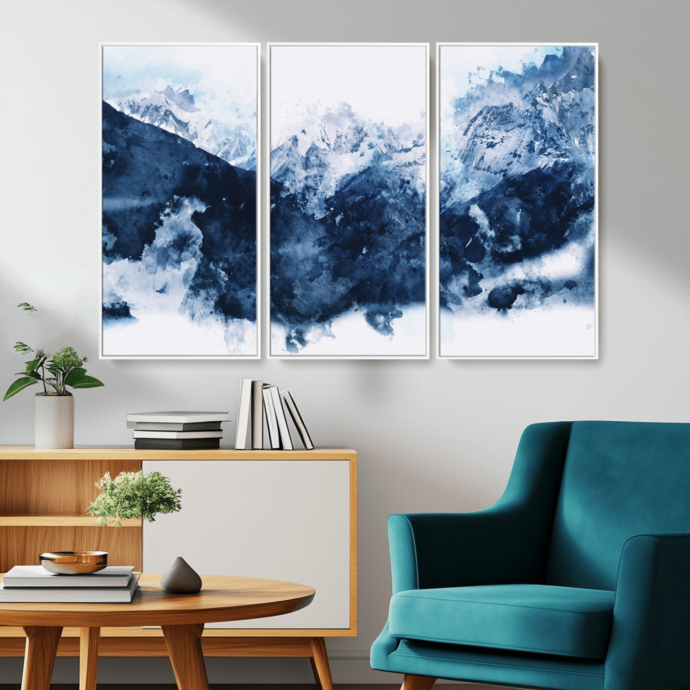 81700-MGV-CV-36X24-Abstract Blue Mountain Canvas Wall Art – Modern Triptych Landscape Print – Contemporary Nature Decor for Living Room or Office – Ready to