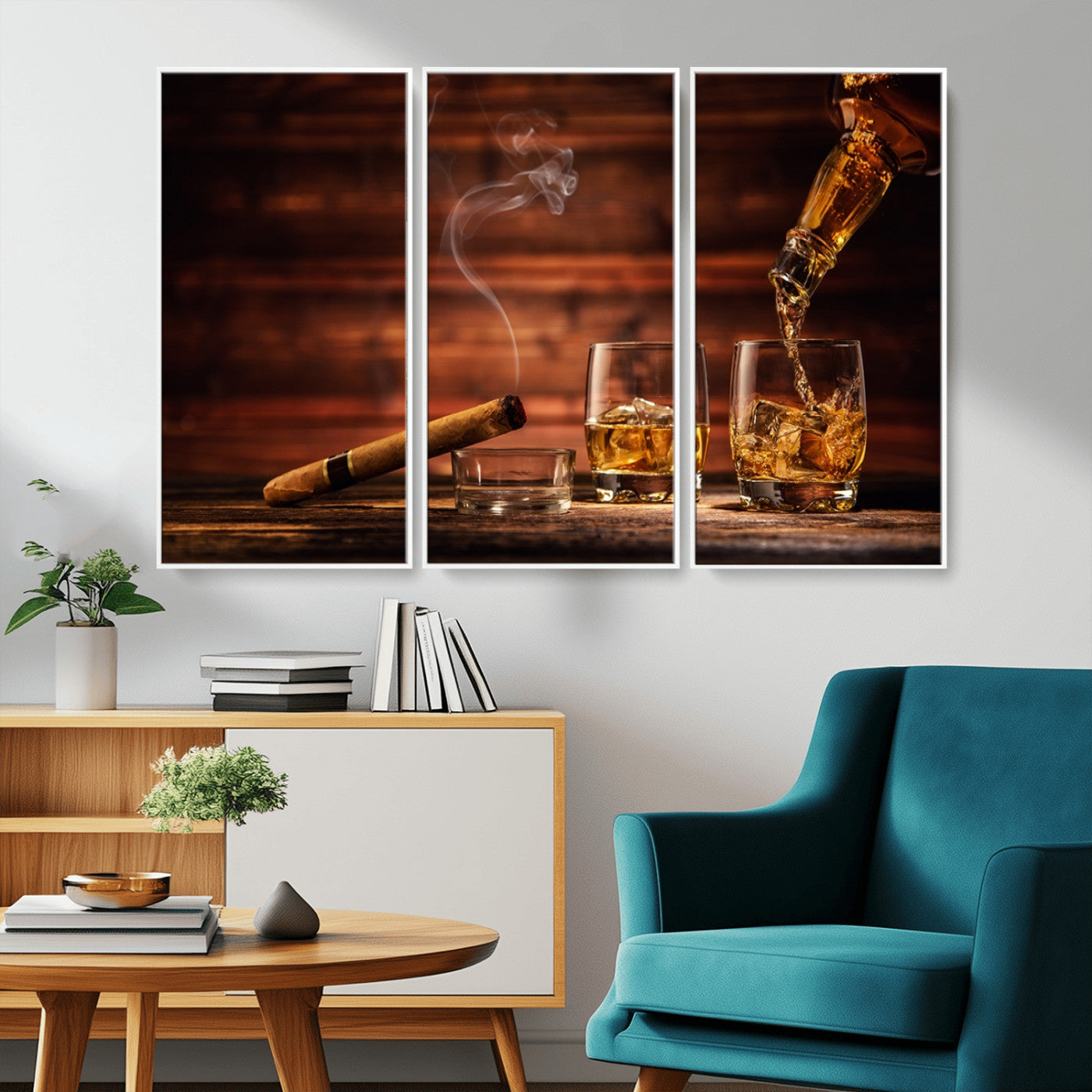 MGV-FC-48X32-3P - Whiskey and Cigar Wall Art Canvas | 3 Panel Bar Room Decor for Home Lounge, Office, or Man Cave |