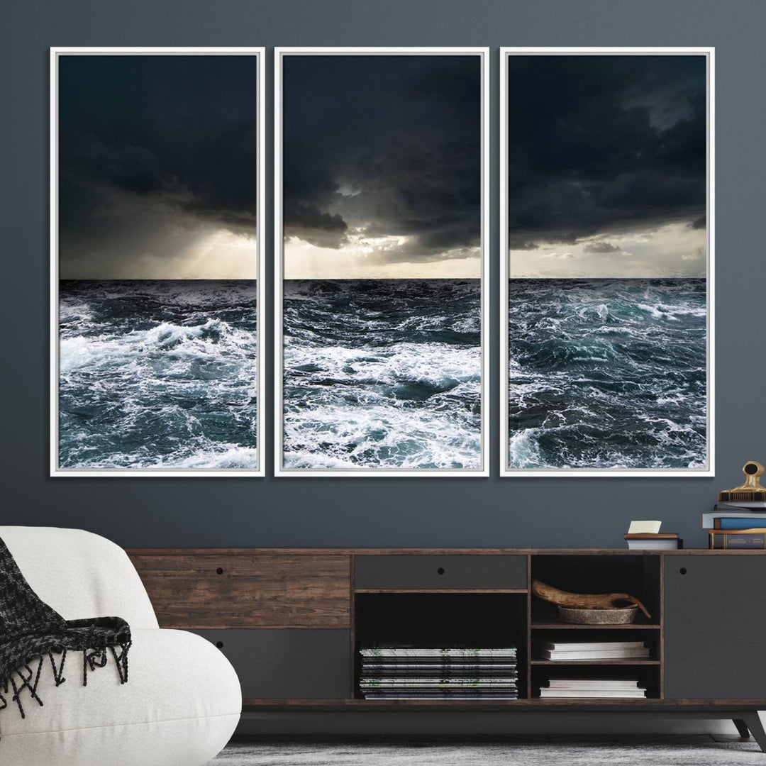 A Dark Clouds Stormy Sea canvas print, ready to hang, enhances the room.