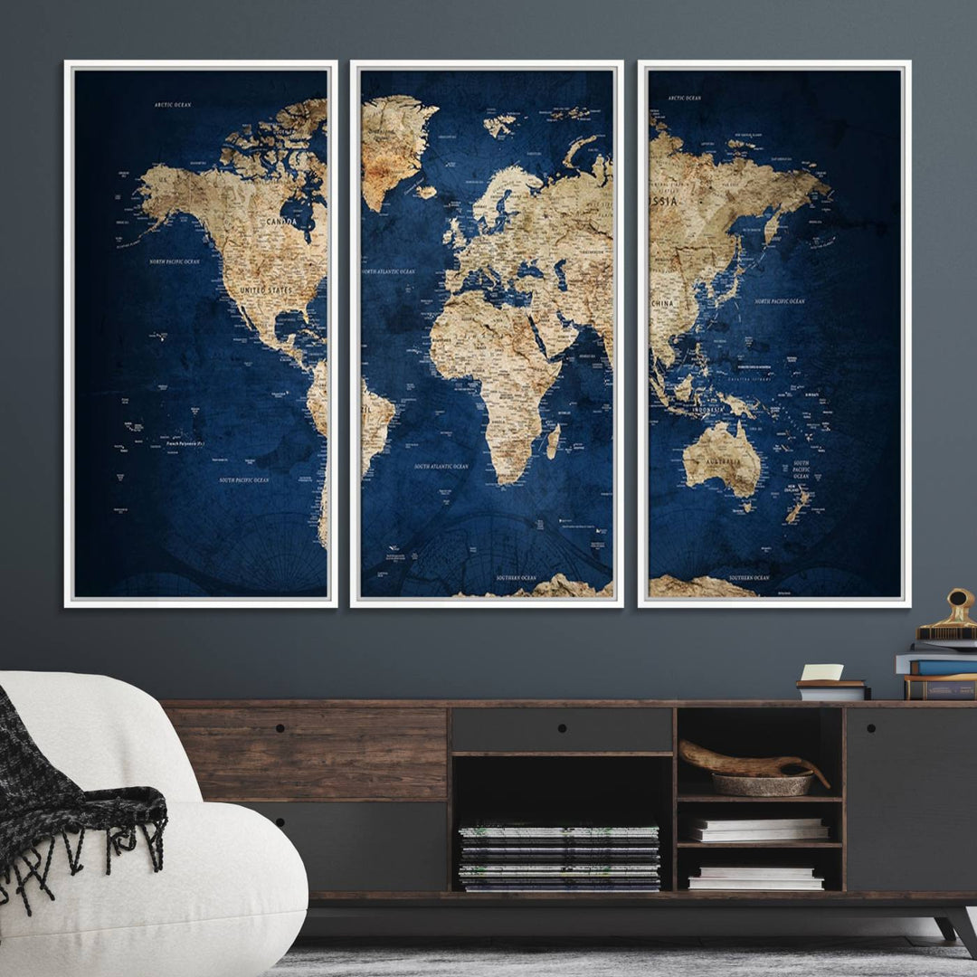 Classic Vintage Blue World Map Canvas Print featuring beige continents against a deep blue background.