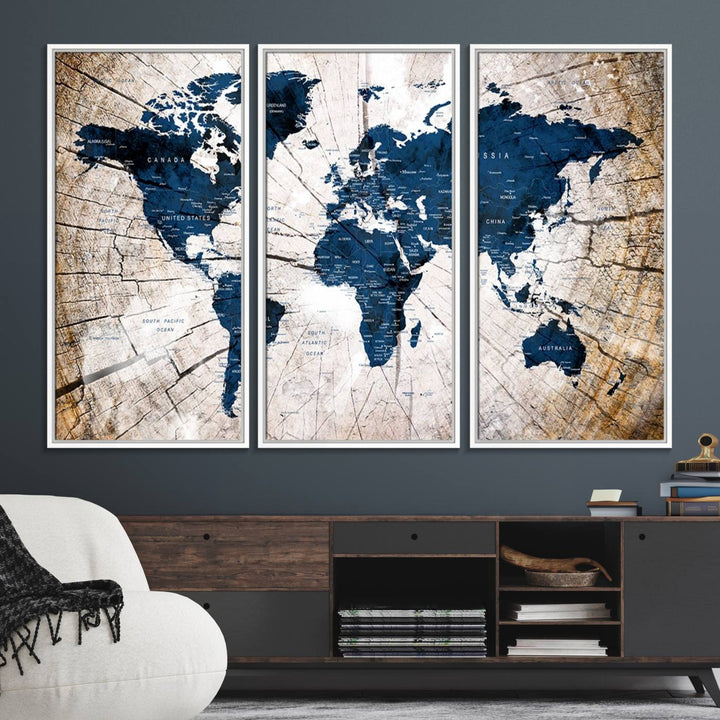 The Vintage World Map on Grunge Background Canvas serves as the focal point of the room.