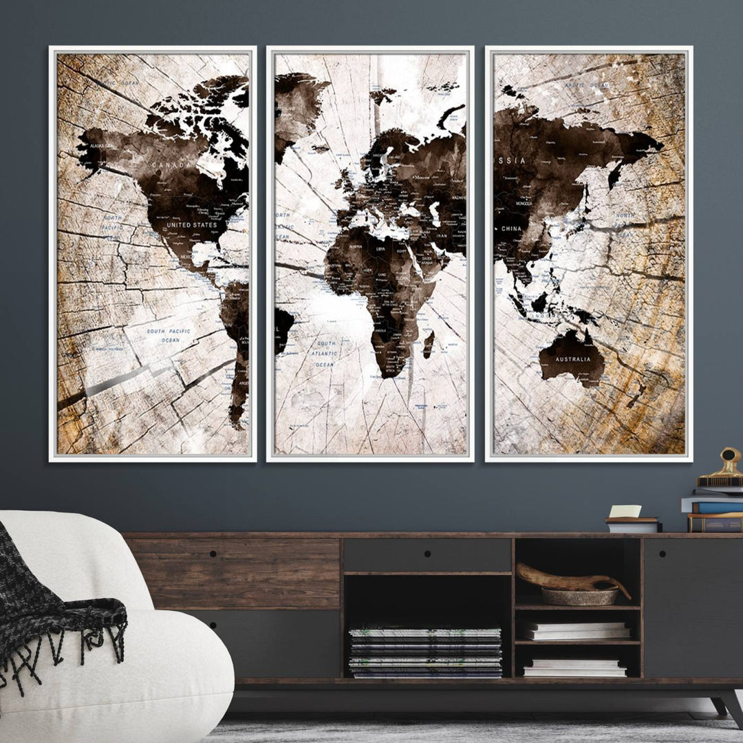 The Tree Ring World Map Canvas hangs above the table, blending into the nature-inspired setting.