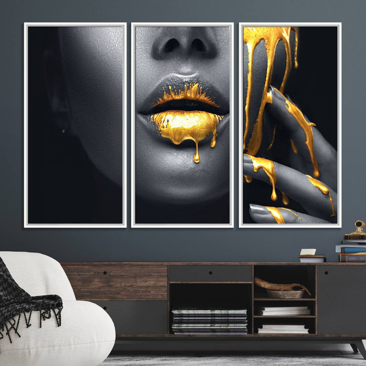 The Gold Lips and Black Woman Makeup Canvas Print features a chic monochrome face design, making it ideal for a modern dining room.