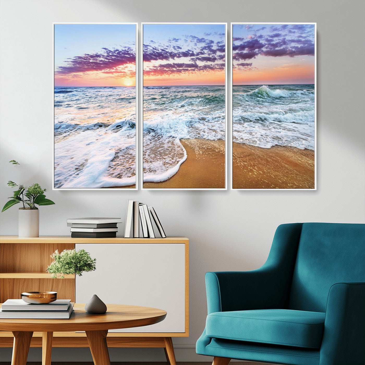 MGV-FC-48X32-3P - Coastal Sunset Art Beach Canvas Wall Art Print | Ocean Waves Wall Art | Large 3-Panel Seascape for