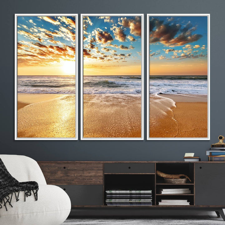 A gallery-wrapped canvas titled Soothing Sunset on Calm Beach is featured.