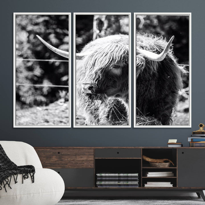 The black and white Highland Cow Canvas Wall Art adds farmhouse elegance to the space.