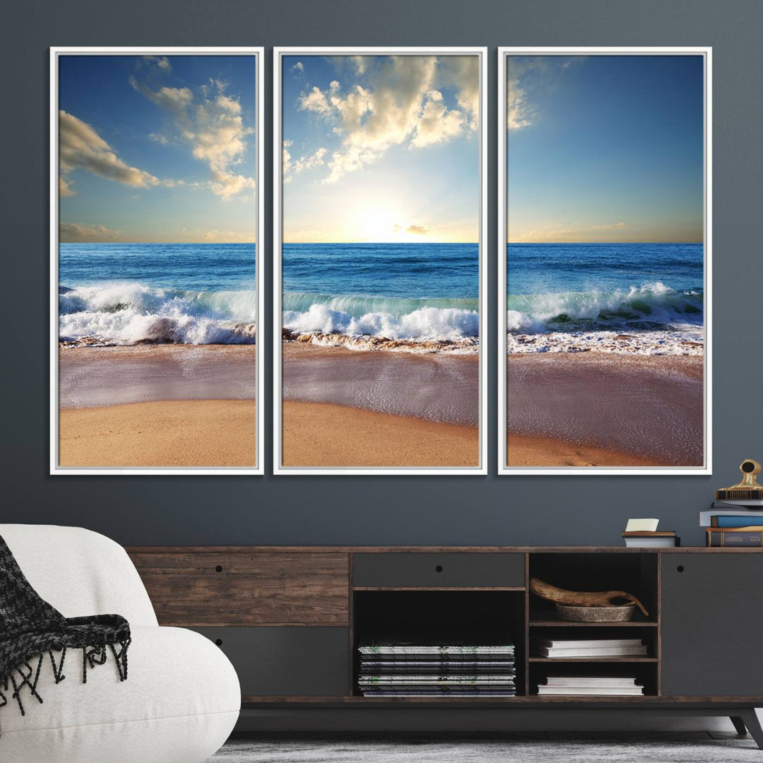 The dining room features a Coastal Tropical Beach Sunset canvas wall art.