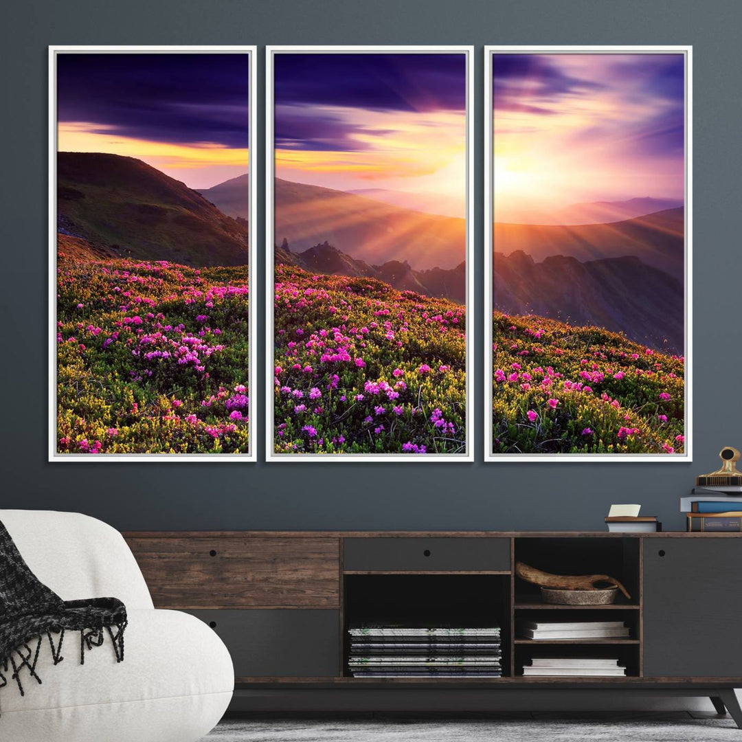 Gallery-wrapped wall art of a stunning mountain sunset and purple flowers.