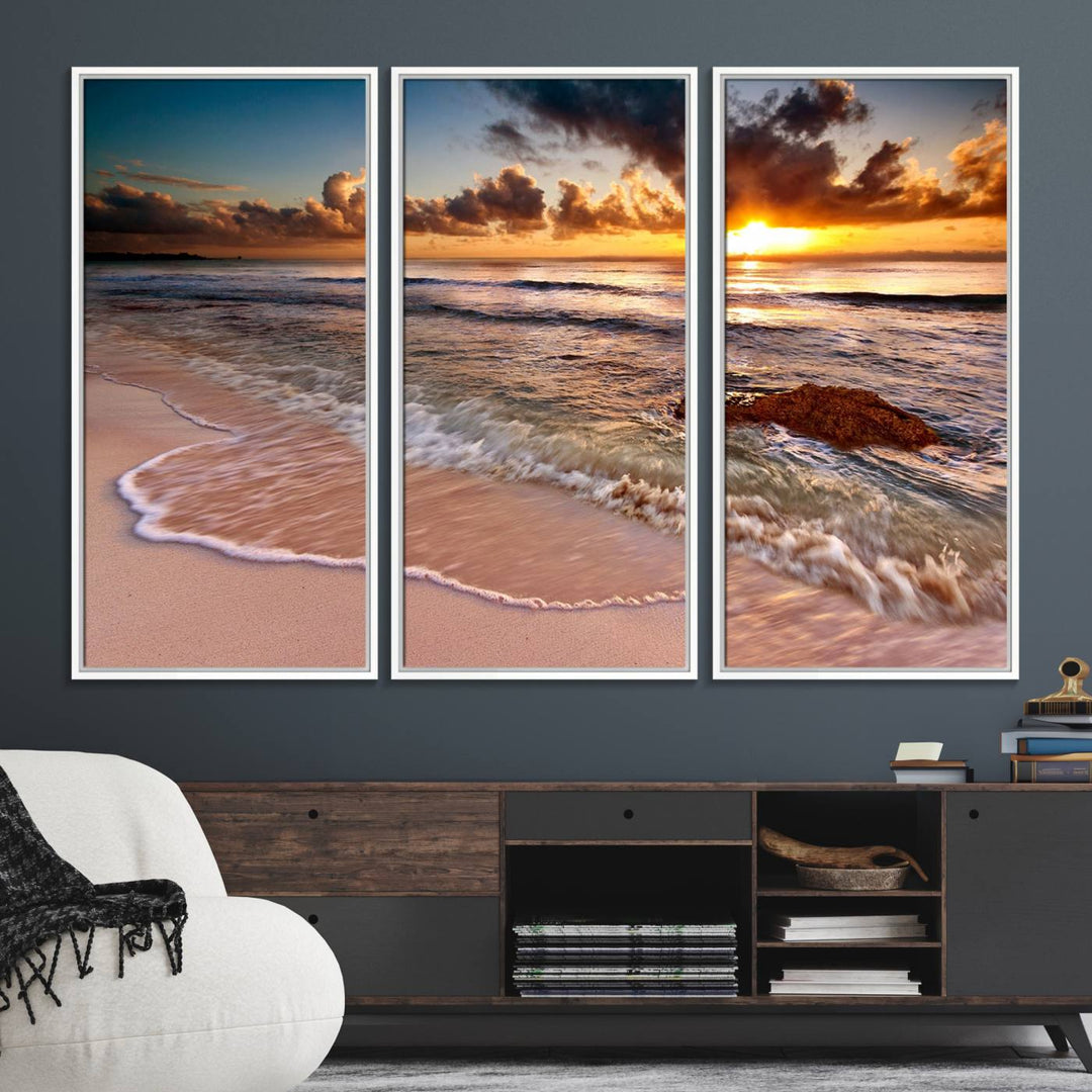 Coastal dining room decor: serene ocean waves triptych canvas.