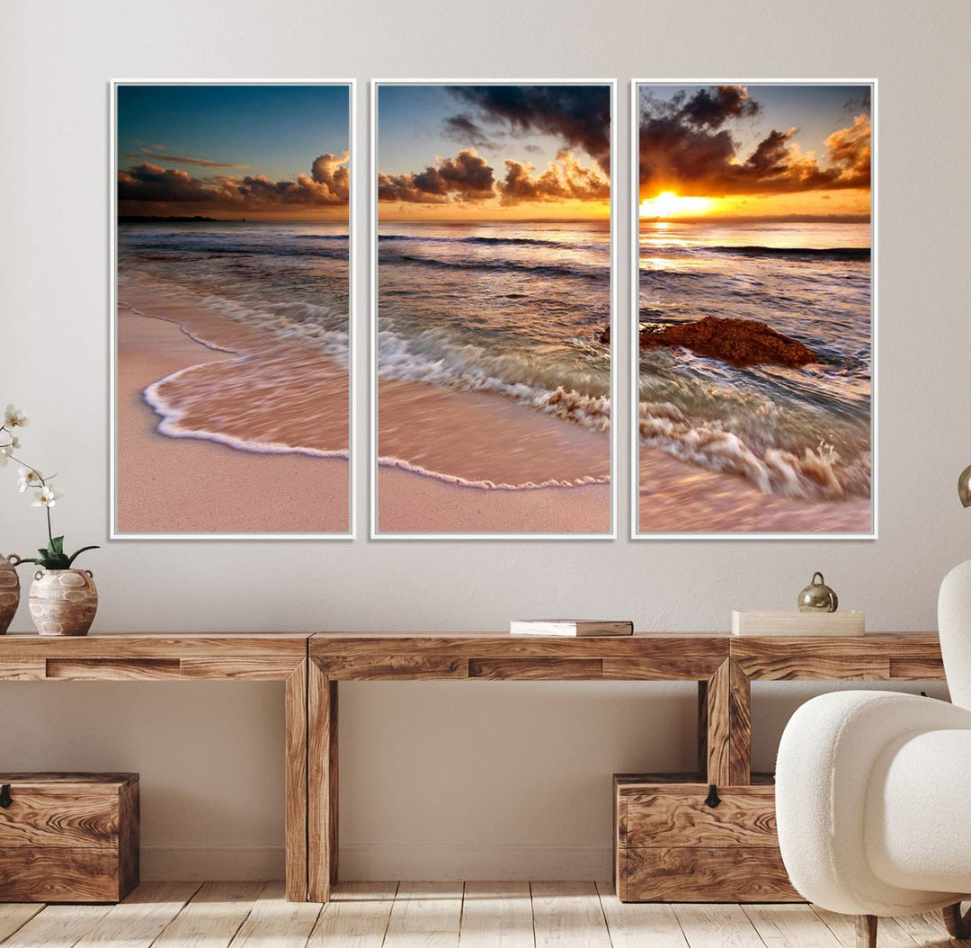 The Sunset on Ocean Wall Art Canvas Print beautifully captures a beach sunset, gentle waves, and a peaceful atmosphere.