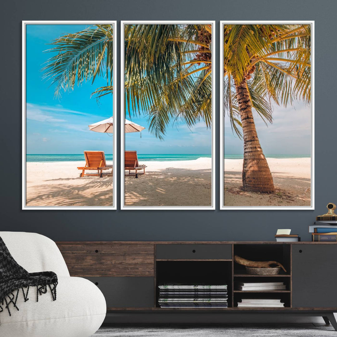 The 3-panel Tropical Beach Wall Art features palm trees and sun loungers, perfect for coastal decor.