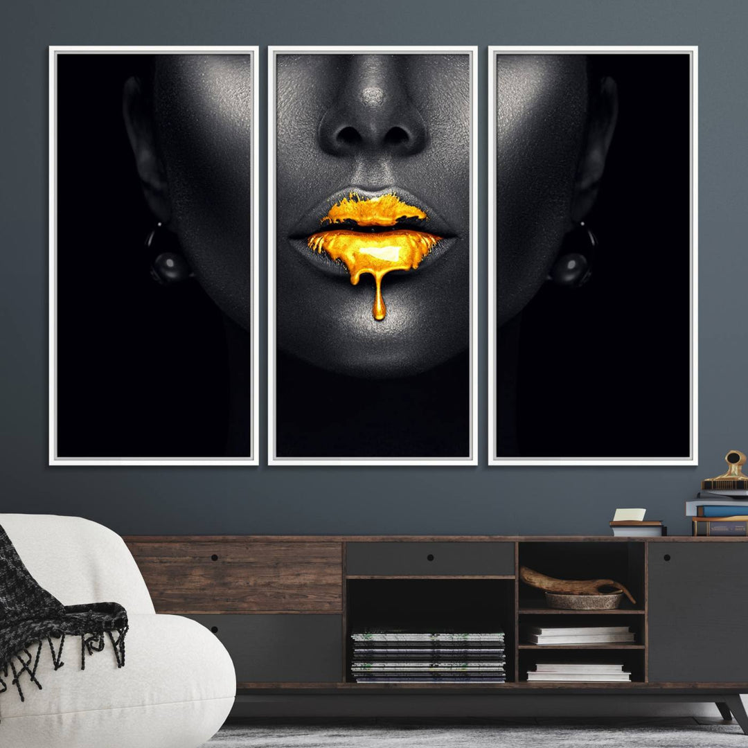 The Honey Gold Lips and Black Woman Photograph canvas print adds a striking touch to the room.