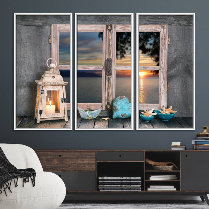 The Astonishing Sunset from the Window canvas print beautifully captures a sea view, accompanied by a lantern and starfish.