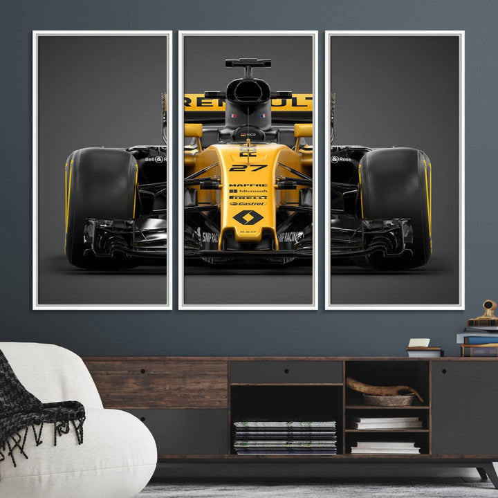 A yellow and black F1 Renault car canvas print with free shipping.