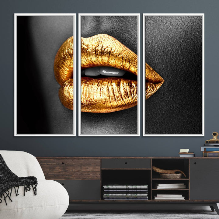 The Gold Lips Canvas Wall Art on a black background is showcased.