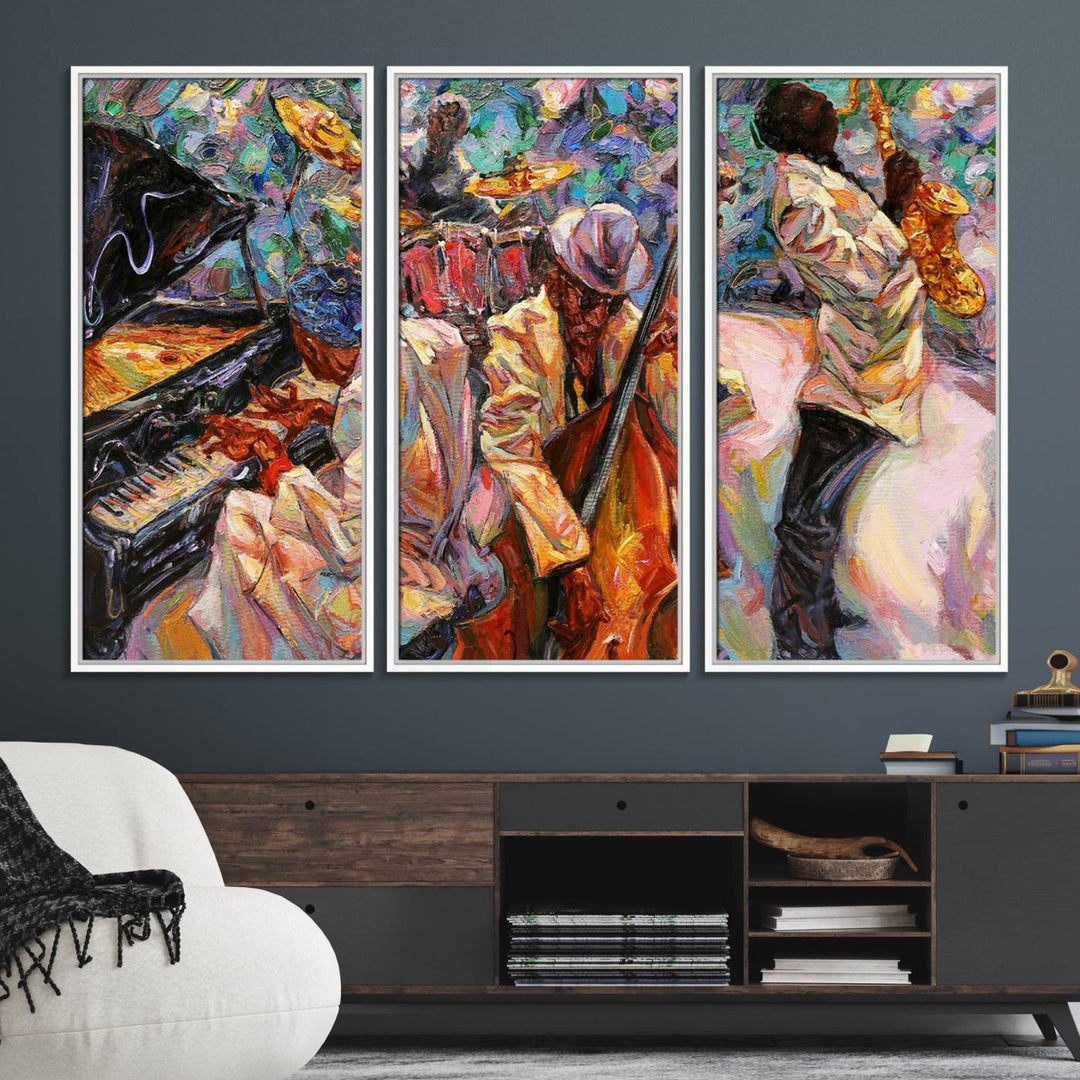 The wall features an African American Jazz Art Music Abstract Painting on Canvas.