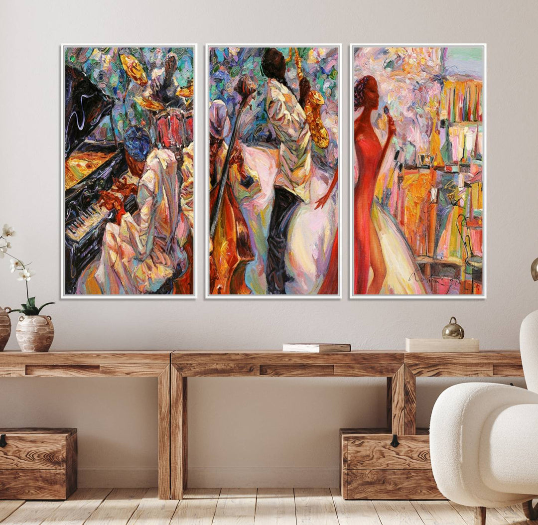 The Abstract Afro American Jazz Canvas captures a vibrant jazz band and showcases a woman dancing in red, making it perfect for dining or music spaces.