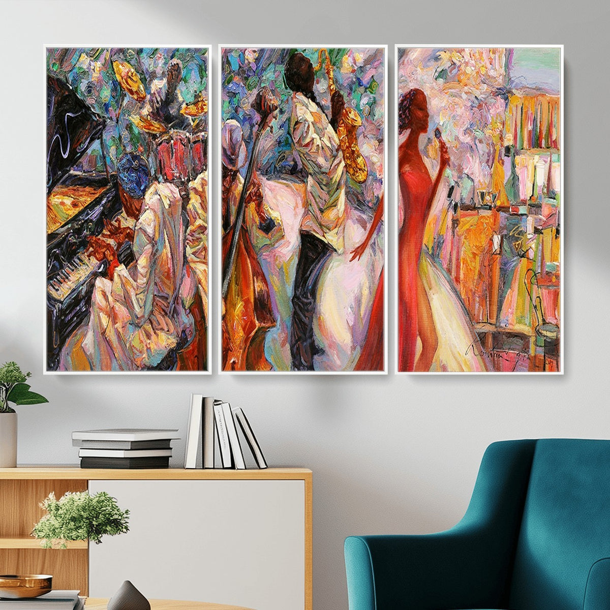 40574-_Poster-30x20 - Afro American Jazz Band Canvas Wall Art | 3 Panel Music Studio Decor