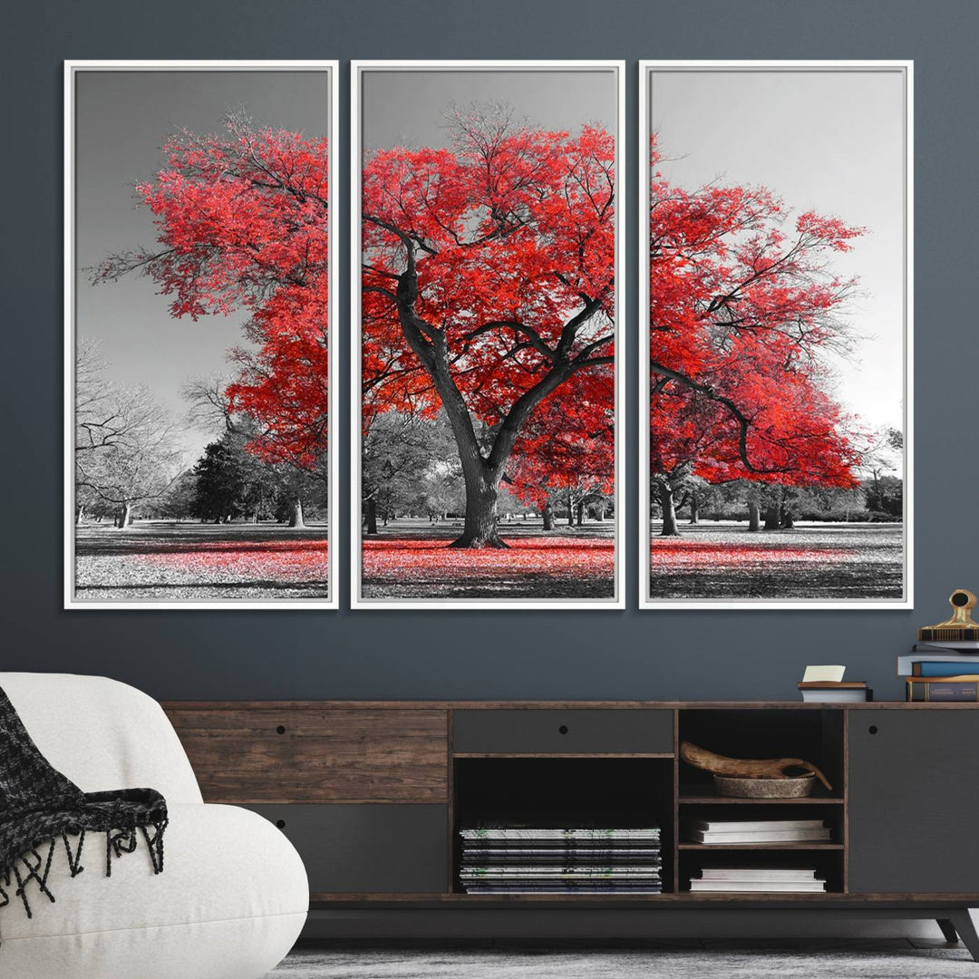 A Red Autumn Tree Canvas Wall Art Print of red leaves.