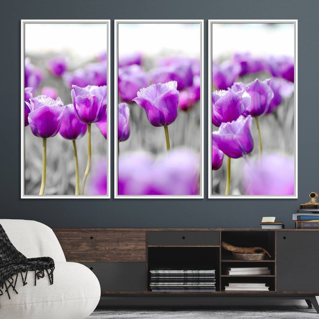 A gallery-wrapped Tulip Fields canvas wall art in a vivid purple hue.