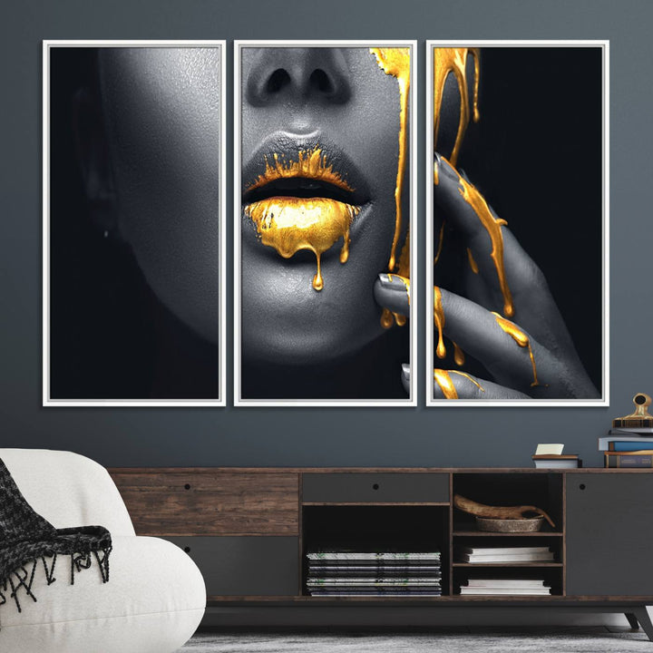 Above the dining area is the Gold Glitter Lips Fashion Makeup canvas wall art.