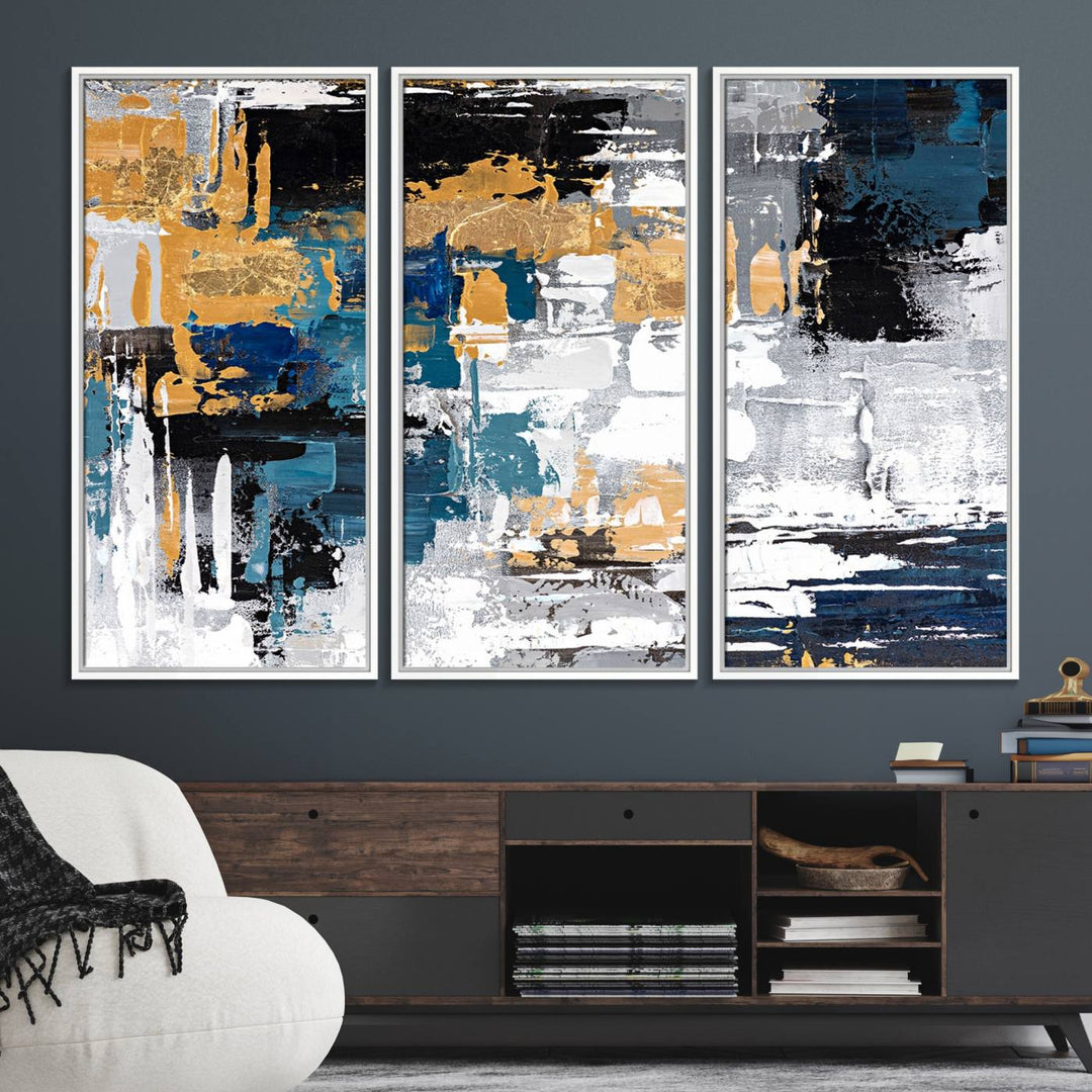 Blue and Gold Abstract Canvas Wall Art hangs prominently.