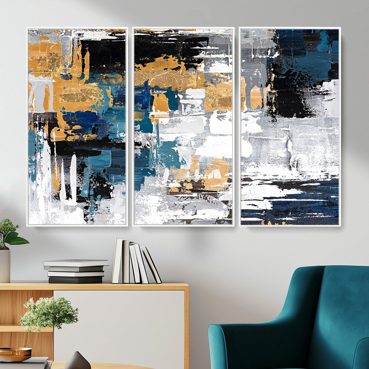 57708-_Poster-30x20 - Blue and Gold Abstract Canvas Wall Art | Triptych Modern Art Print