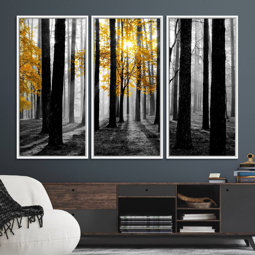 Nature Misty Foggy Autumn Forest Wall Art Print displayed above a modern dining room.