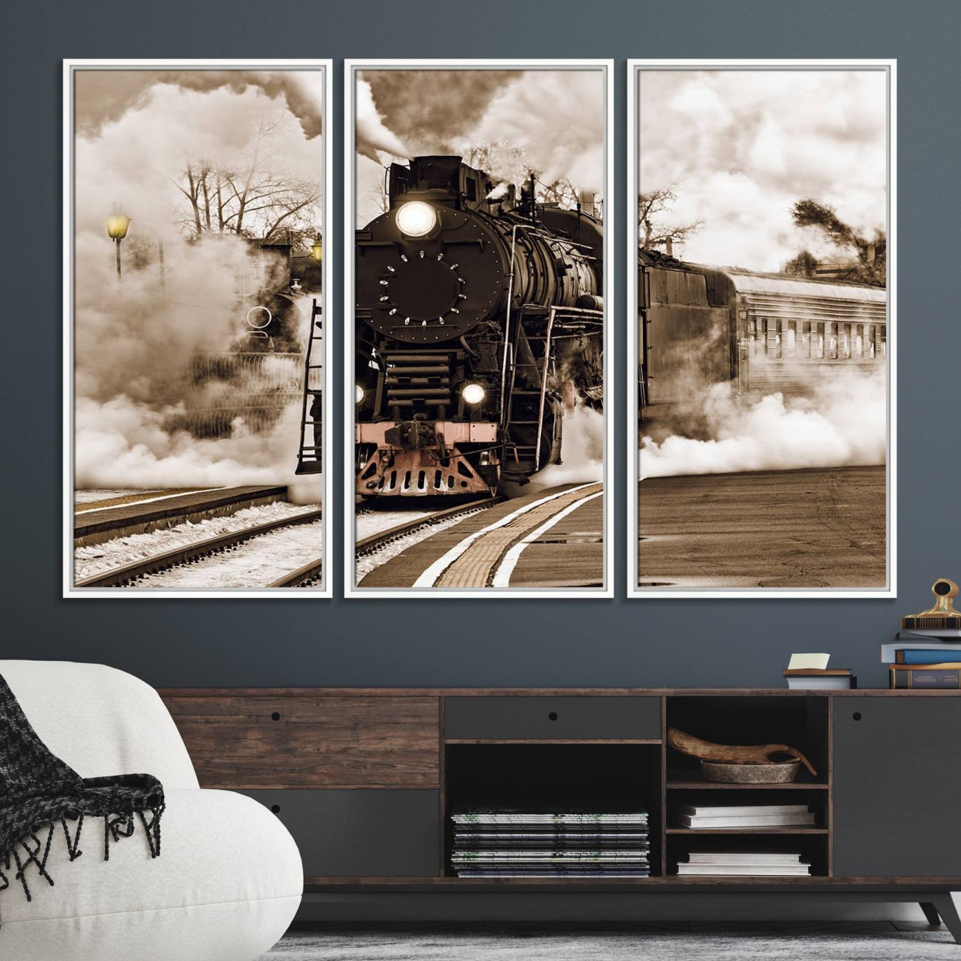 31136-MGV-FC-48X32-3P_White-Black Steam Train Canvas Wall Art Print Steam Locomotive Art Canvas