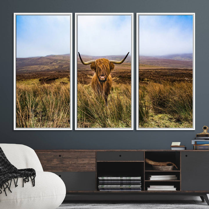 A Scottish Highland Cow art print canvas with UV-protection adorns the wall, preserving vivid details.