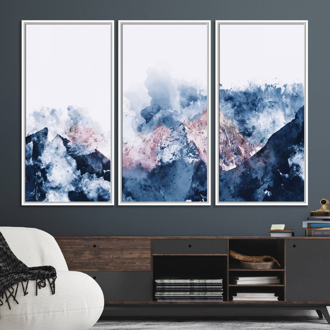 A modern kitchen showcases an Abstract Watercolor Mountain Landscape Art Canvas Print.