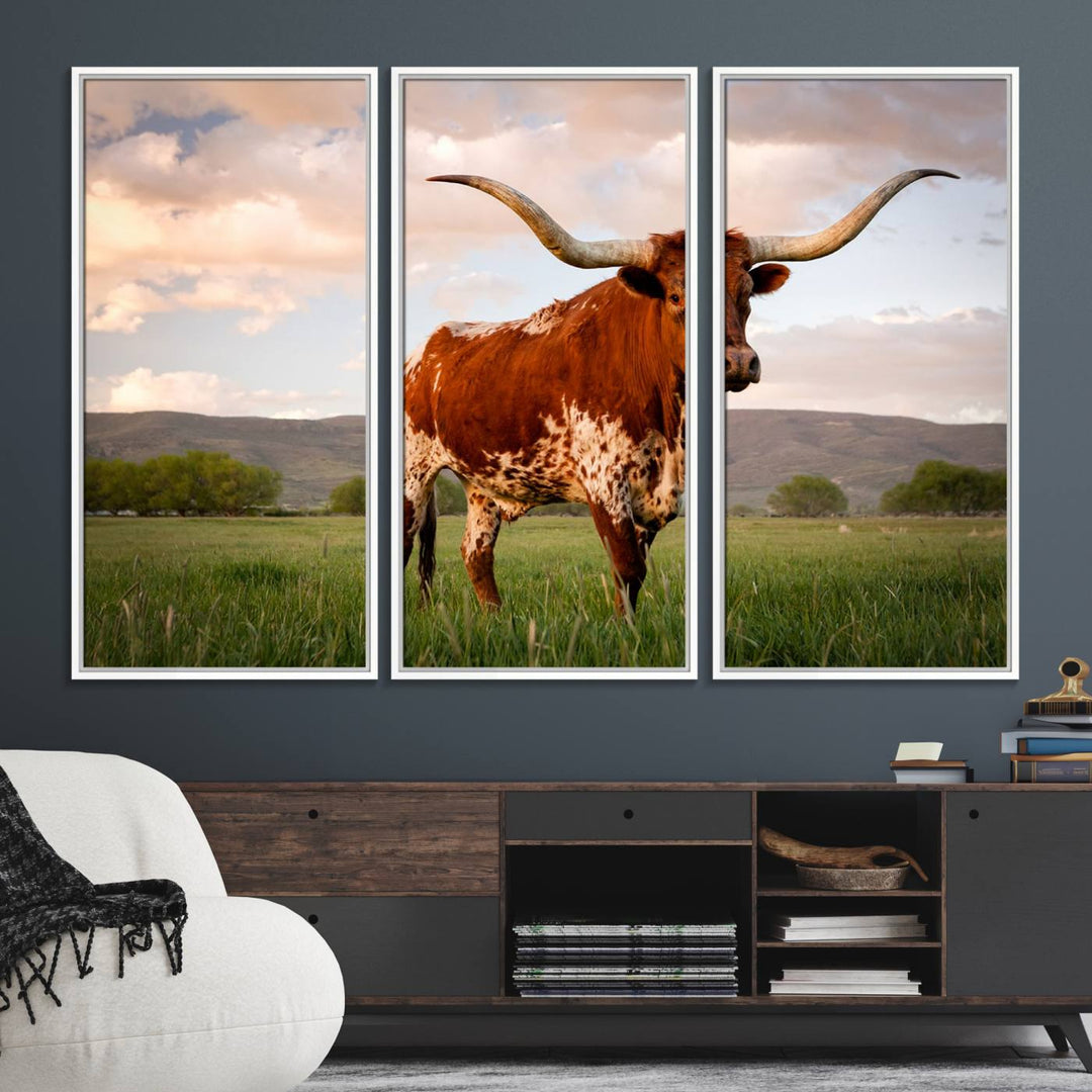 The Texas Cow Canvas Wall Art print captures a longhorn cow at sunset and is ready to hang.