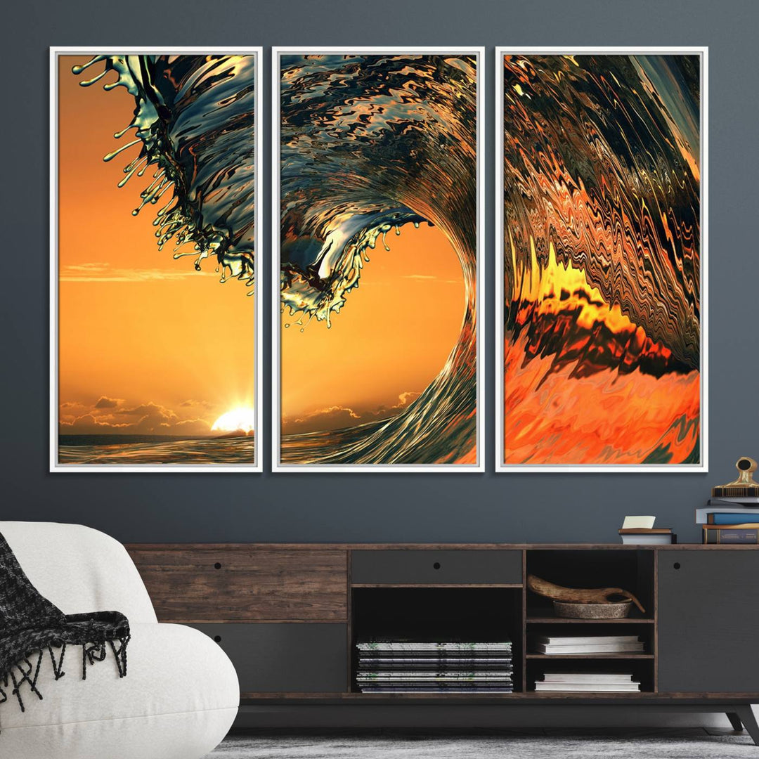 The Ocean Wave With Perfect Sunset canvas wall art adds a striking focal point to the room.