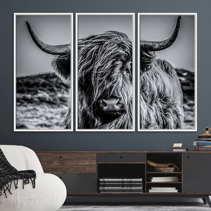 The Black and White Cow Wall Art Canvas Print is displayed.